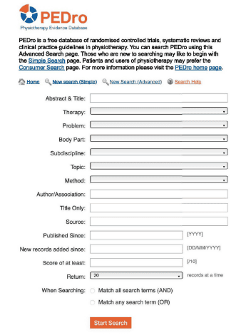 The image is a screenshot of the PEDro Advanced Search page. 